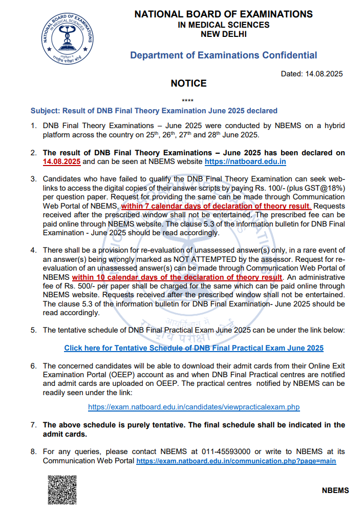 DNB theory results june 2025 mentorexam pass