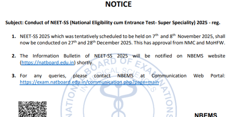 Change in NEET SS Dates announced Dec 2025